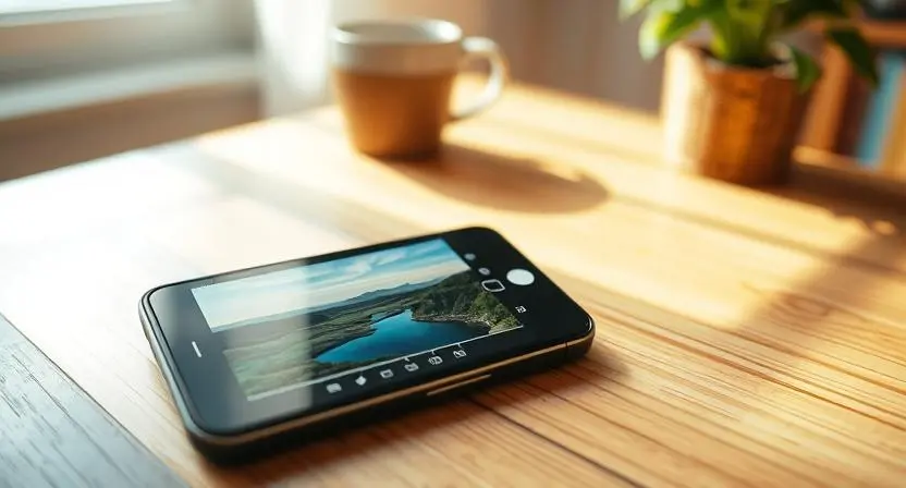 Smartphone on table displaying photo editing app with landscape image