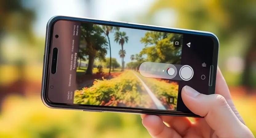 Smartphone displaying camera app with outdoor scene in background
